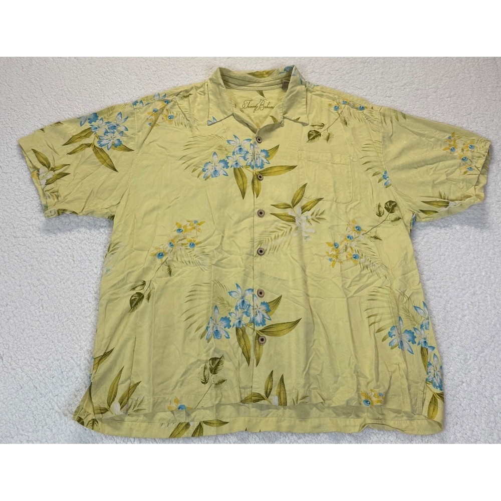 Tommy Bahama Mens XXL Yellow Silk Tropical Floral Short Sleeve Button Down Shirt